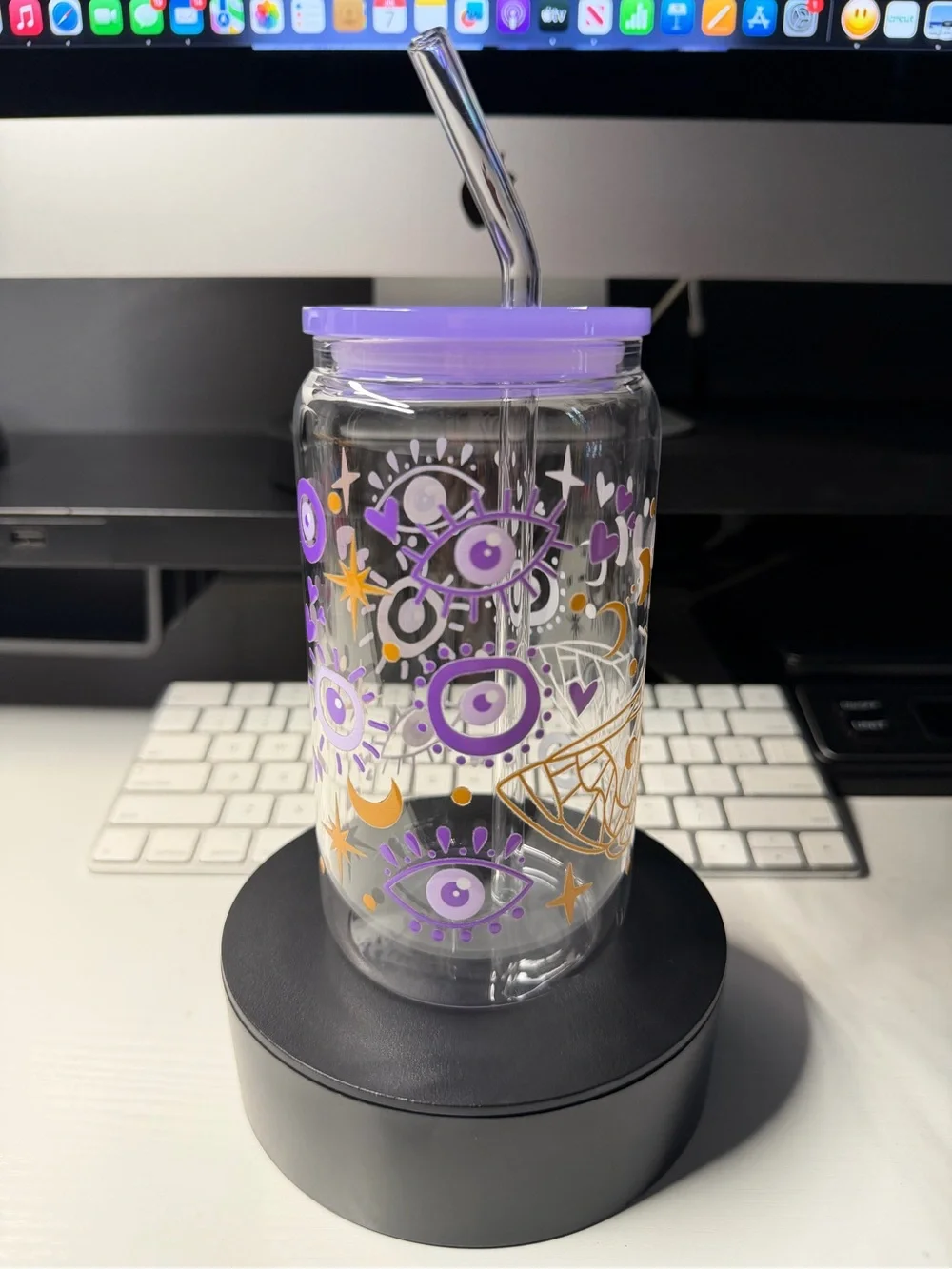 Celestial Moth clear glass tumbler with glass Straw.